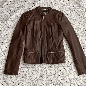 Express Faux Leather Moto Jacket with Gold Zippers in Brown Size S
